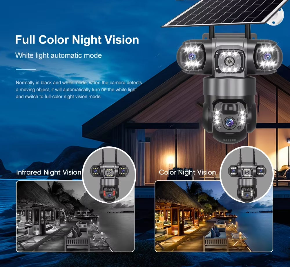 Pro Solar Camera 4G SIM Outdoor Three Lens Three Screens PIR Human Detect CCTV Security Battery PTZ IP Camara Farm Orchard