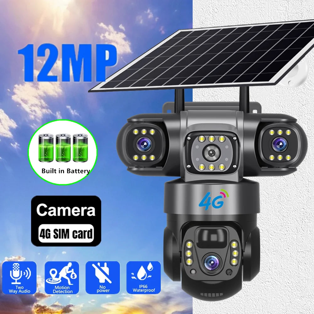Pro Solar Camera 4G SIM Outdoor Three Lens Three Screens PIR Human Detect CCTV Security Battery PTZ IP Camara Farm Orchard
