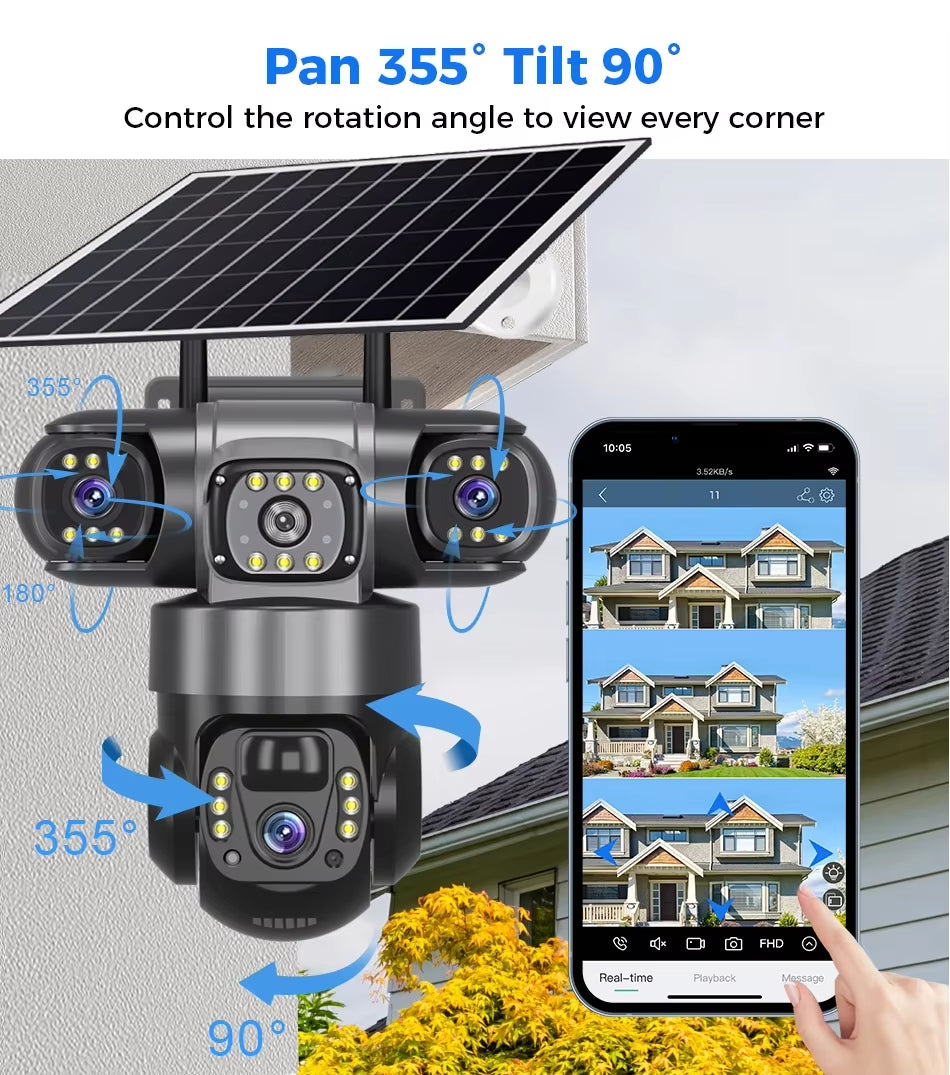 Pro Solar Camera 4G SIM Outdoor Three Lens Three Screens PIR Human Detect CCTV Security Battery PTZ IP Camara Farm Orchard