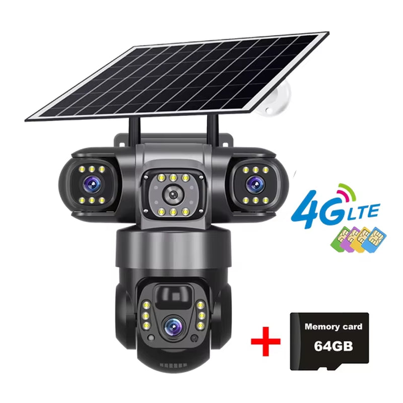 Pro Solar Camera 4G SIM Outdoor Three Lens Three Screens PIR Human Detect CCTV Security Battery PTZ IP Camara Farm Orchard
