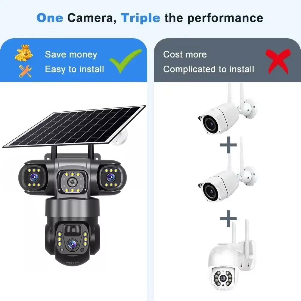 Pro Solar Camera 4G SIM Outdoor Three Lens Three Screens PIR Human Detect CCTV Security Battery PTZ IP Camara Farm Orchard