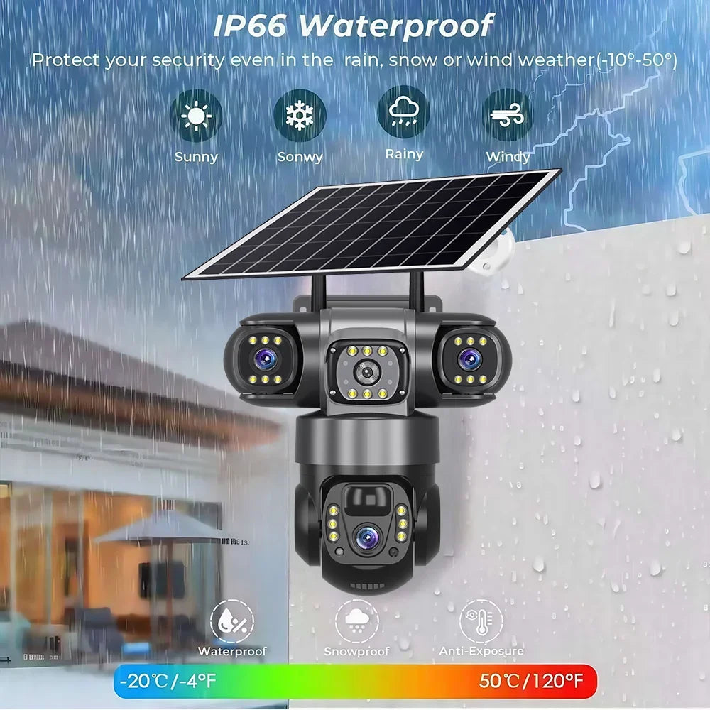 Pro Solar Camera 4G SIM Outdoor Three Lens Three Screens PIR Human Detect CCTV Security Battery PTZ IP Camara Farm Orchard