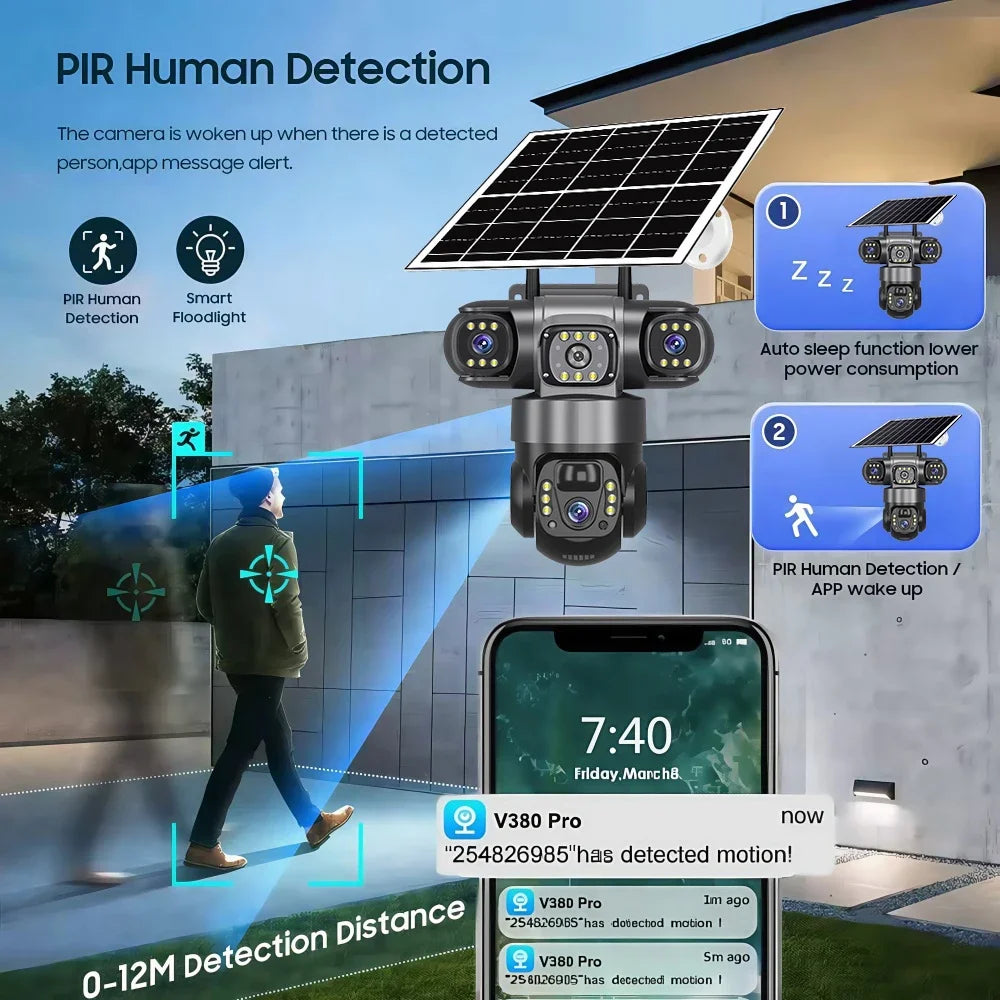 Pro Solar Camera 4G SIM Outdoor Three Lens Three Screens PIR Human Detect CCTV Security Battery PTZ IP Camara Farm Orchard
