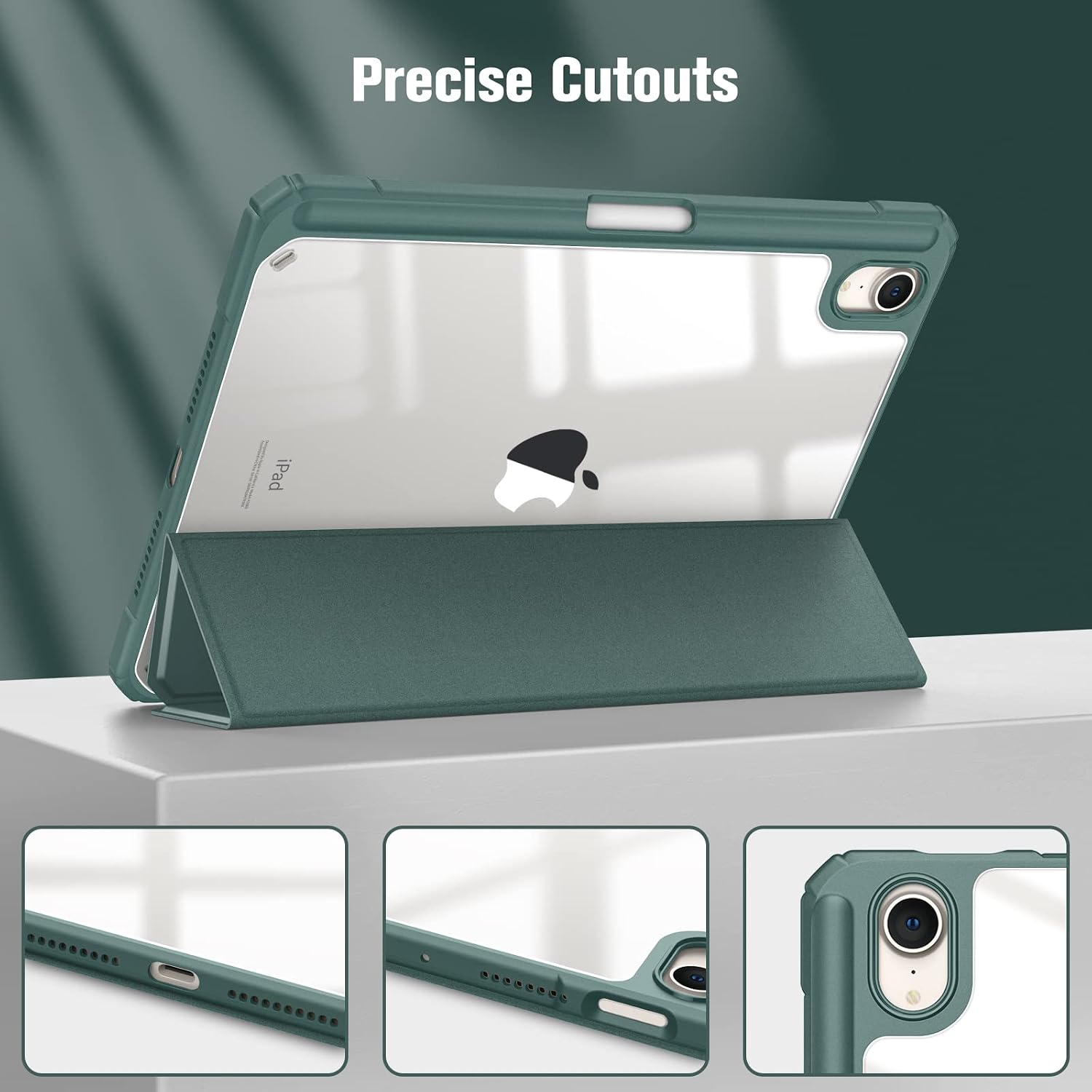 Hybrid Slim Case for Ipad Mini 7 (A17 Pro, 7Th Generation) 2024 / Ipad Mini 6 (6Th Gen) 8.3 Inch, [Built-In Pencil Holder] Shockproof Cover Clear Transparent Back Shell, Midnight Green