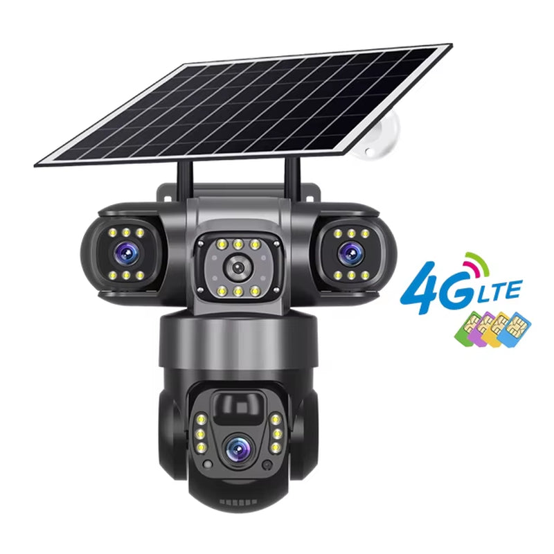 Pro Solar Camera 4G SIM Outdoor Three Lens Three Screens PIR Human Detect CCTV Security Battery PTZ IP Camara Farm Orchard
