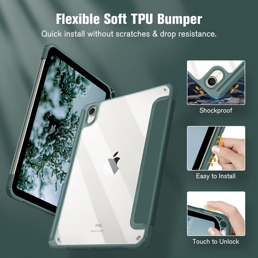 Hybrid Slim Case for Ipad Mini 7 (A17 Pro, 7Th Generation) 2024 / Ipad Mini 6 (6Th Gen) 8.3 Inch, [Built-In Pencil Holder] Shockproof Cover Clear Transparent Back Shell, Midnight Green