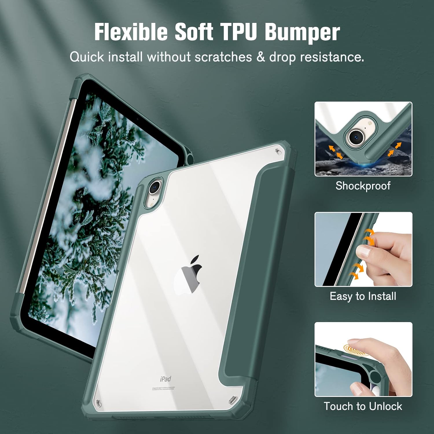 Hybrid Slim Case for Ipad Mini 7 (A17 Pro, 7Th Generation) 2024 / Ipad Mini 6 (6Th Gen) 8.3 Inch, [Built-In Pencil Holder] Shockproof Cover Clear Transparent Back Shell, Midnight Green
