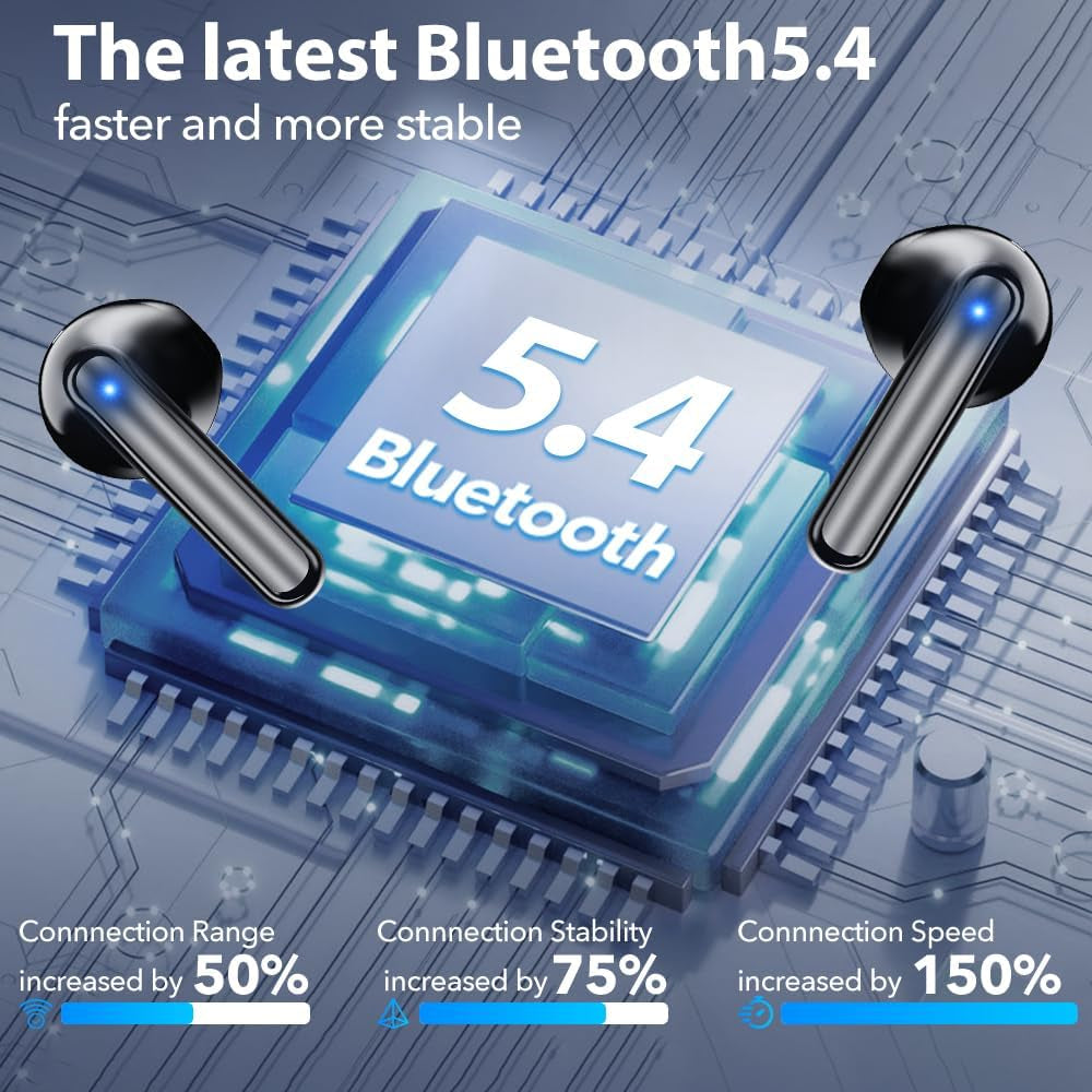 Wireless Bluetooth Earbuds with 60 Hours of Deep Bass, 4 Noise Cancelling Microphones, IP5 Waterproof Design for iPhone and Android - Deep Black