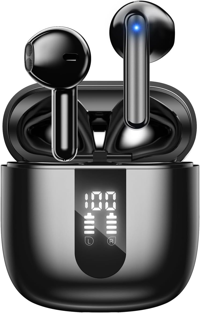 Wireless Bluetooth Earbuds with 60 Hours of Deep Bass, 4 Noise Cancelling Microphones, IP5 Waterproof Design for iPhone and Android - Deep Black
