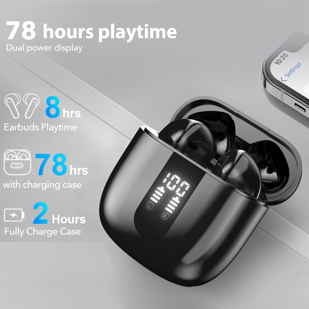 Wireless Bluetooth Earbuds with 60 Hours of Deep Bass, 4 Noise Cancelling Microphones, IP5 Waterproof Design for iPhone and Android - Deep Black