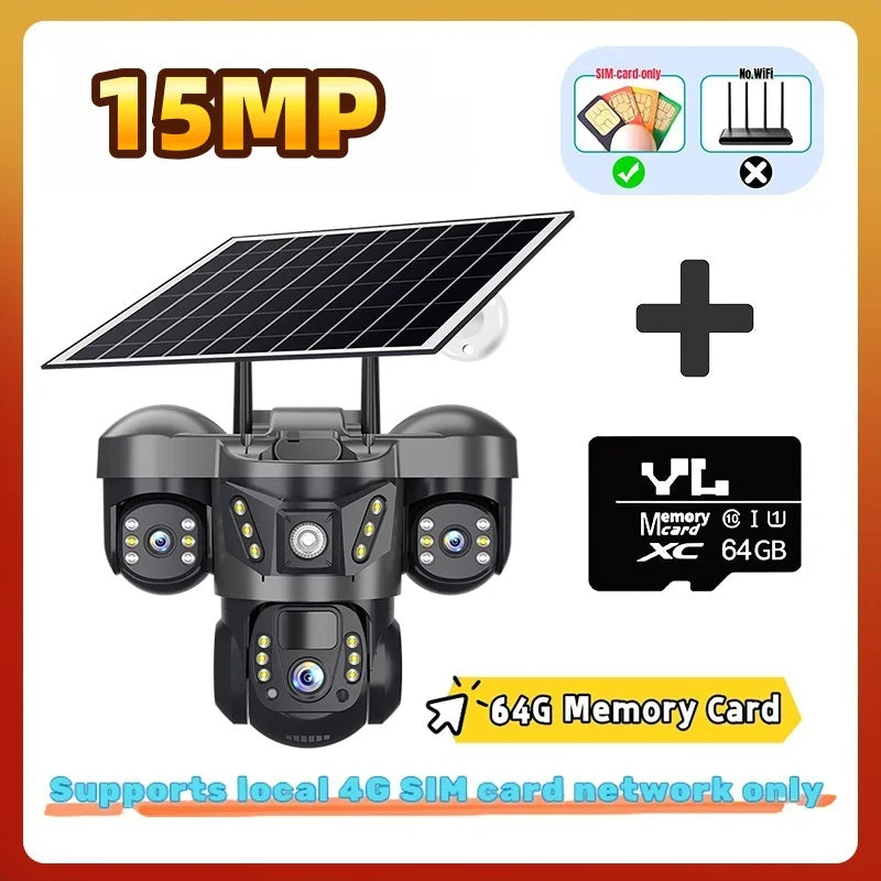 10X Zoom Triple Lens 4G Solar Camera 15MP Outdoor Triple Screen CCTV PIR Motion Detection Security Surveillance  Pro Camera