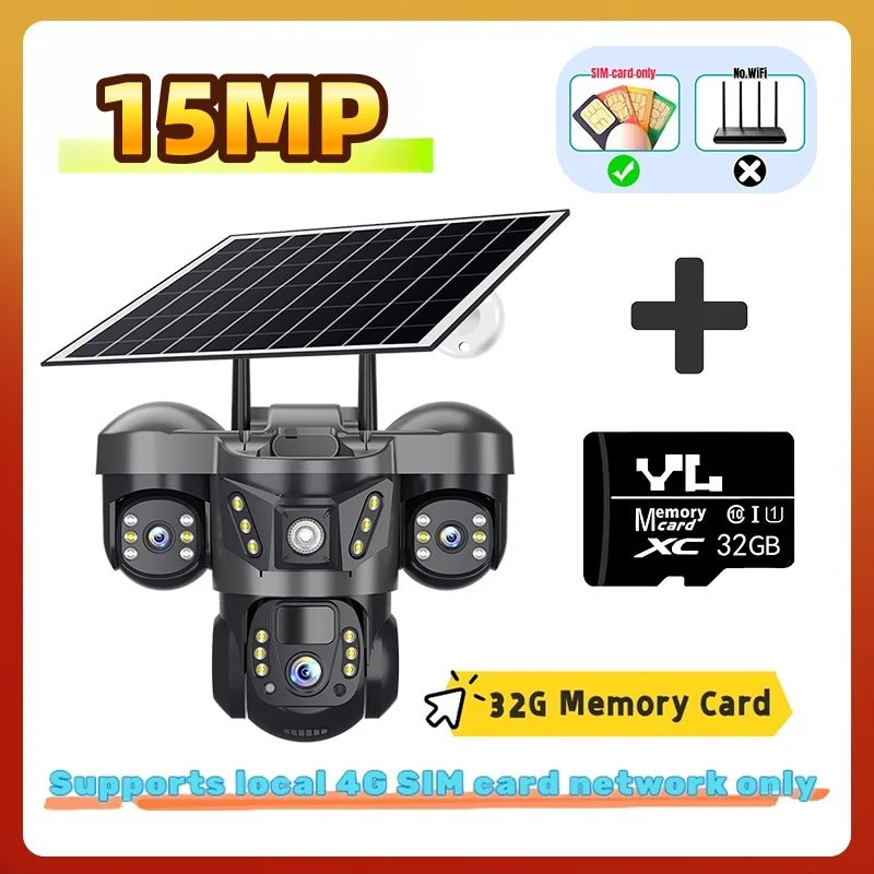 10X Zoom Triple Lens 4G Solar Camera 15MP Outdoor Triple Screen CCTV PIR Motion Detection Security Surveillance  Pro Camera