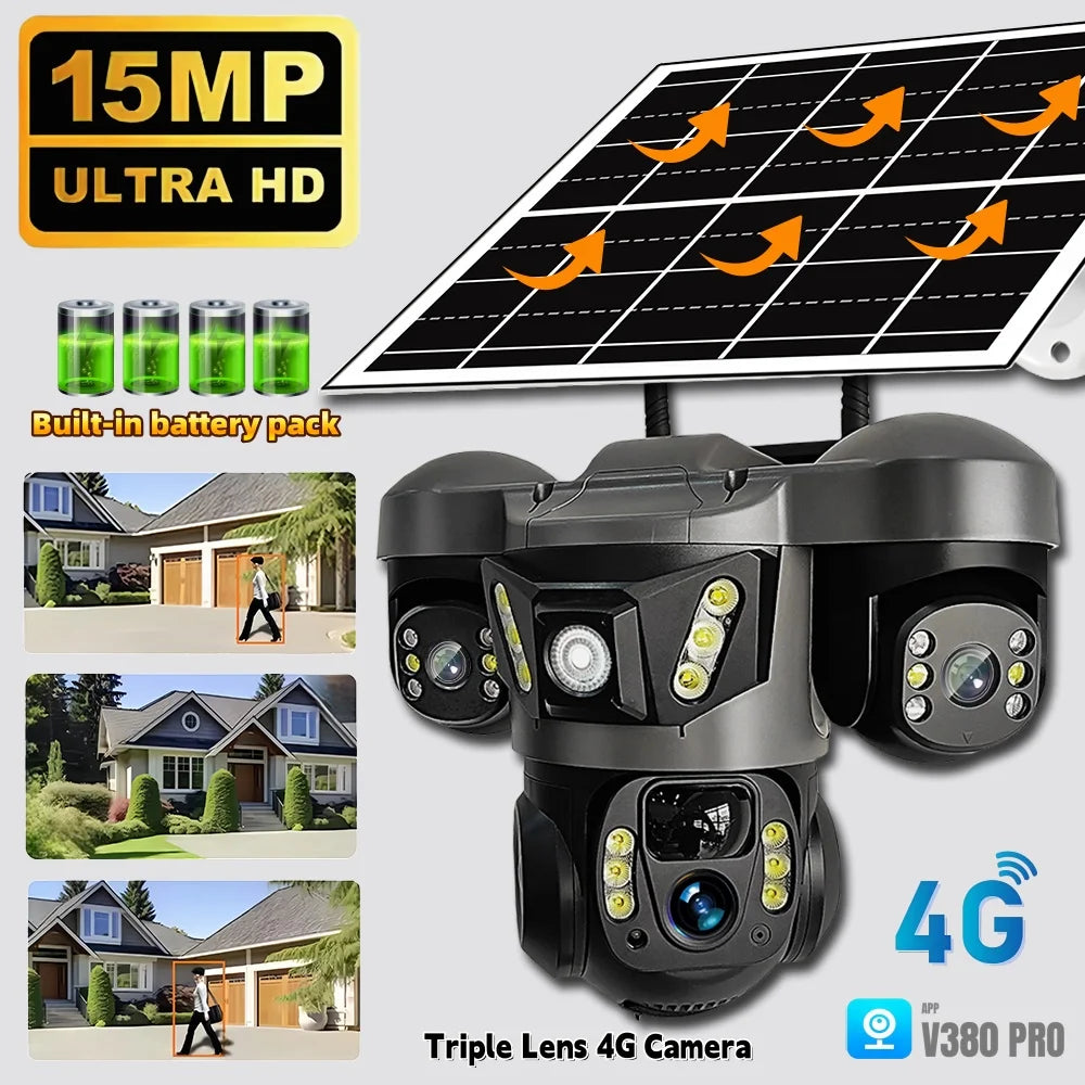 10X Zoom Triple Lens 4G Solar Camera 15MP Outdoor Triple Screen CCTV PIR Motion Detection Security Surveillance  Pro Camera