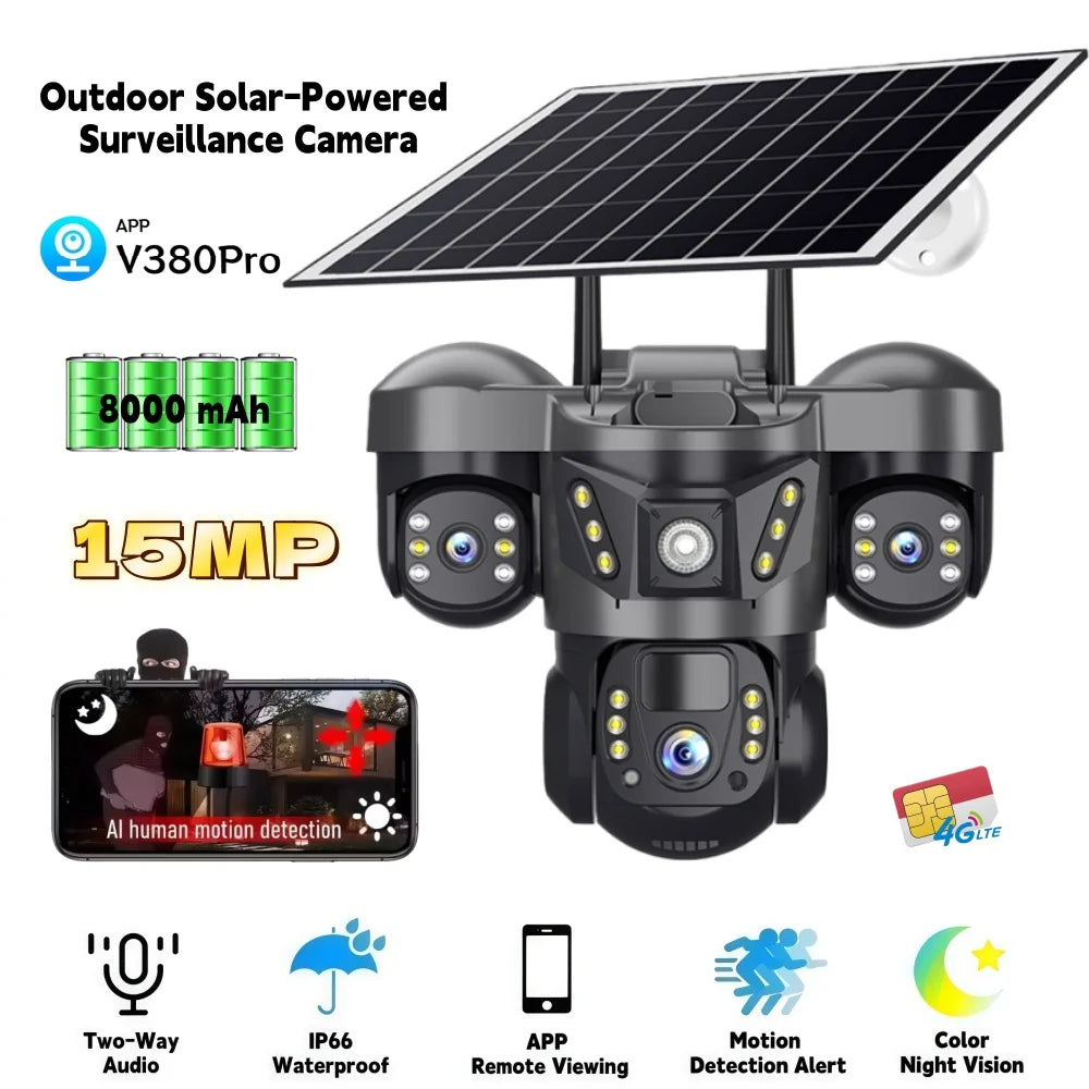 10X Zoom Triple Lens 4G Solar Camera 15MP Outdoor Triple Screen CCTV PIR Motion Detection Security Surveillance  Pro Camera