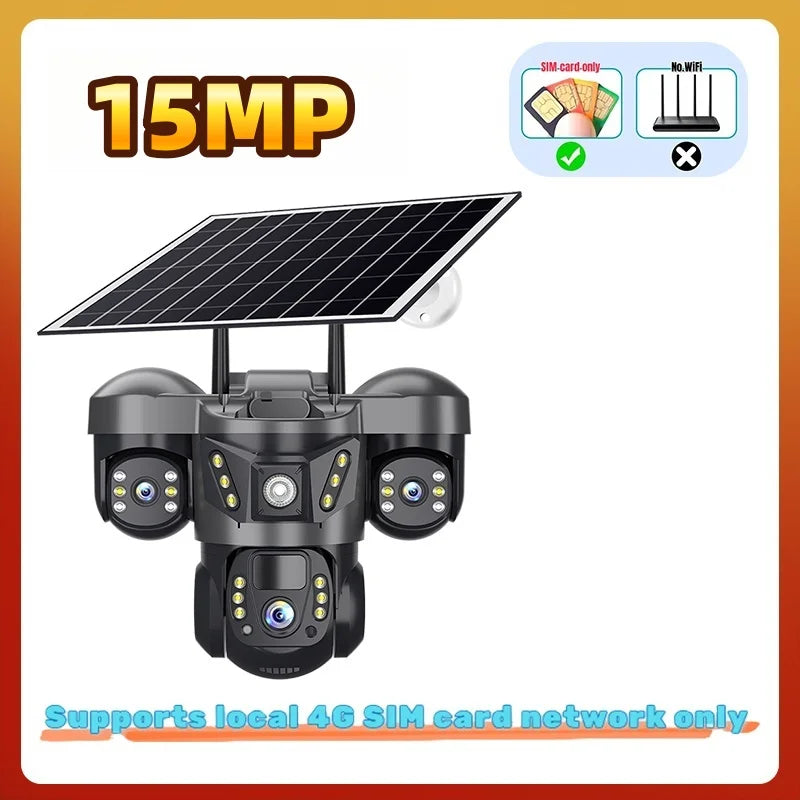 10X Zoom Triple Lens 4G Solar Camera 15MP Outdoor Triple Screen CCTV PIR Motion Detection Security Surveillance  Pro Camera