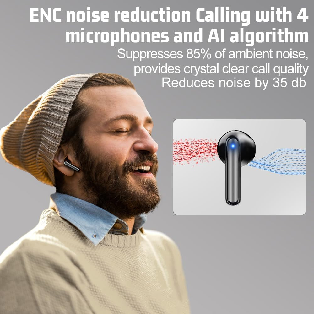 Wireless Bluetooth Earbuds with 60 Hours of Deep Bass, 4 Noise Cancelling Microphones, IP5 Waterproof Design for iPhone and Android - Deep Black